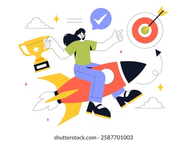 Motivation Vector Illustration featuring a Fast Business Startup, Creative Marketing, and Innovation for Achieving Success and Hitting the Target