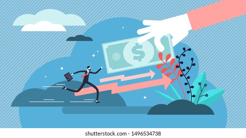 Motivation vector illustration. Flat tiny chase after money persons concept. Business financial strategy to gain dollar profit growth. Cash income opportunity inspiration as businessman control power.