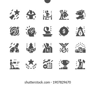 Motivation. Way to success. Winner, trophies, reward and target. Career growth. Achieve success. Business training. Revenue increase. Vector Solid Icons. Simple Pictogram