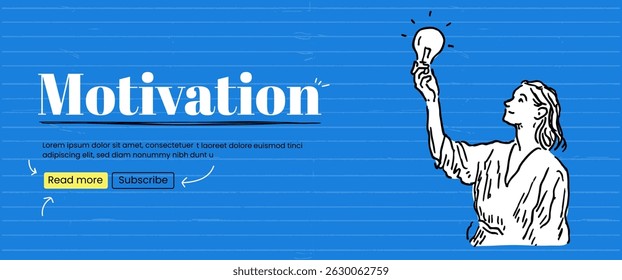 Motivation woman light bulb sketch scribble banner ink quirky trendy. Idea, brainstorming and problem solving in handdrawn vector.