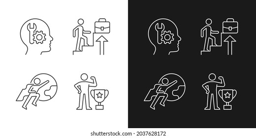 Motivación en el trabajo iconos lineales establecidos para el modo oscuro y luminoso. Competencia y motivación de actitud. Símbolos de línea delgada personalizables. Ilustraciones aisladas del contorno vectorial. Trazo editable