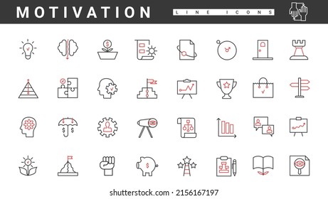 Motivation for work progress and success thin red and black line icons set vector illustration. Abstract leader skills, mission and courage, visionary, ambition and talent to move forward to career