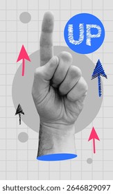 Motivational abstract poster image collage of human arm demonstrate way up forward to success. Vector illustration