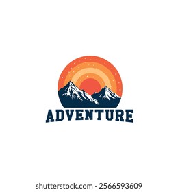 Motivational Adventure Logo with Mountains and Sunrise. Adventure vintage retro style t-shirt logo design