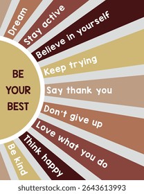 Motivational Affirmation Wall Art – Be Your Best Quote  in Earth Tone Sunburst Design
