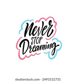 Motivational artwork featuring 'Never Stop Dreaming' with stylish lettering and colorful cloud accents.