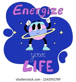 Motivational banner with the inscription - Energize your life. Cute character in the gym. Vector illustration in traditional old-fashioned cartoon style. Colorful print for sports T-shirts