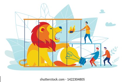 Motivational Banner Saving Ideas Cartoon Flat. Creative Poster Close Up Huge Lion in Cage Holds Light Bulb in its Paws. Flyer Man Sends Burning Torch to Mouth Lion. Vector Illustration.