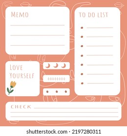 Motivational boho memo template in coral pink. To do list, memo striped notes used in diary notebooks