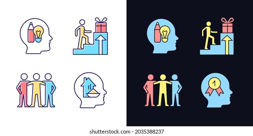 Motivational boosters light and dark theme RGB color icons set. Basic needs. Desire to belong to community. Isolated vector illustrations on white and black space. Simple filled line drawings pack