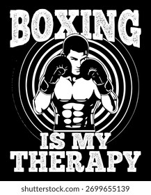 Design de camiseta de boxe motivacional com um pugilista musculoso com luvas e texto grunge em negrito dizendo "Boxe é minha terapia". Perfeito para amantes de fitness, atletas, fãs de boxe e vestuário esportivo.