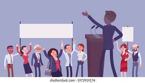 Motivational business speech, inspiring charismatic male leader, rear. Leadership entrepreneur training, managers, coworkers, active crowd with blank placards. Vector flat style cartoon illustration