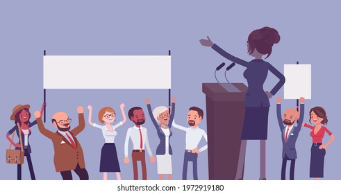 Motivational business speech, inspiring charismatic female leader, rear. Leadership entrepreneur training, managers, coworkers, active crowd with blank placards. Vector flat style cartoon illustration