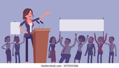 Motivational business speech, inspiring charismatic female leader. Leadership entrepreneur training, managers, coworkers, active crowd silhouette blank placards. Vector flat style cartoon illustration