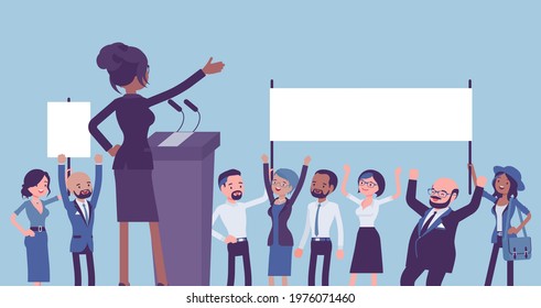 Motivational business speech, inspiring charismatic female leader, rear. Leadership entrepreneur training, managers, coworkers, active crowd with blank placards. Vector creative stylized illustration