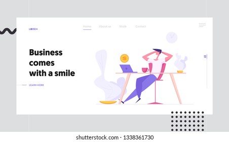 Motivational Business Success Concept with Relax Businessman Character Sitting with Laptop Dreaming about Money. Banner with Office Man Graph for Website, Web Page. Flat Vector Illustration