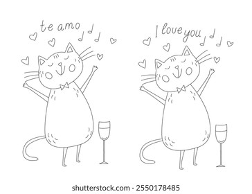 Motivational card with a cheerful cat saying about love with a glass of red wine. I Love You  Spanish and English hand drawn lettering,  black outline doodle illustration for coloring book