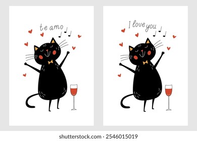 A motivational card featuring a cheerful black cat saying about love with a glass of red wine. Hand drawn lettering with the phrase I Love You in both Spanish and English. Vector illustration