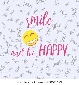 Motivational card with flat yellow smiling face and phrase Smile and be happy on grey background with many elements of word smile. International Day of Happiness. Vector illustration