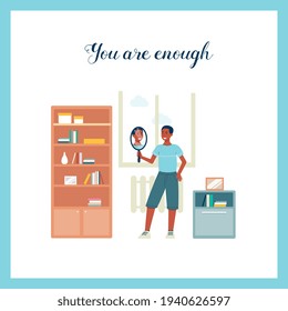 Motivational card with positive man looking at mirror, flat vector illustration.