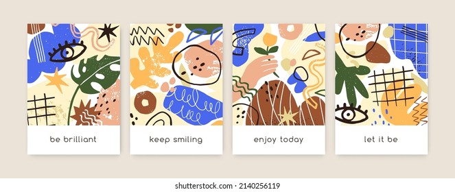 Motivational cards designs with positive quotes in doodle style. Cute inspirational sayings, slogans on backgrounds with abstract shapes, trendy elements pattern. Isolated flat vector illustrations