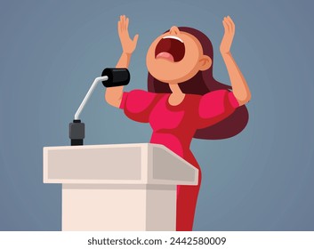 
Motivational Coach Speaking Loudly in Public Vector Illustration. Woman speaking loud in a microphone having lead charisma 
