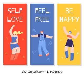 Motivational Color Cards. Vector Flat Illustration Template With Cute Dancing Girls And Lettering In Flat Style. Self Love, Feel Free, Be Happy Color Banner Set Design. Woman Motivational Slogan