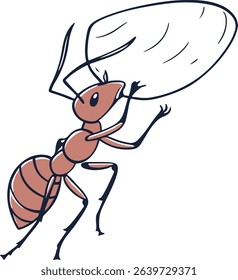 Motivational concept of ant lifting a pebble with strong pose and clean flat design, suitable for strength metaphors, success visuals, and character art
