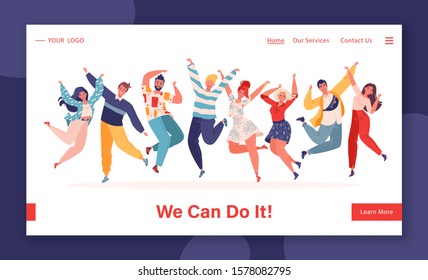 Motivational concept for landing page. Template for website or web page with stylish modern vector illustration. Group of young joyful jumping and dancing people with raised hands. 