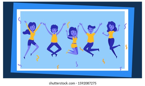 Motivational concept for landing page. Template for website or web page with stylish modern vector illustration. Group of young joyful jumping and dancing people with raised hands.