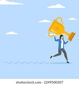 Concepto motivacional para aprender cómo las personas exitosas logran el objetivo, Traces de éxito, empresaria ganadora, empresaria exitosa mujer de negocios que lleva grandes trofeos caminando dejando el rastro a seguir.