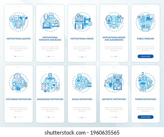 Motivational content onboarding mobile app page screen with concepts set. Motivating for actions walkthrough 5 steps graphic instructions. UI vector template with RGB color illustrations