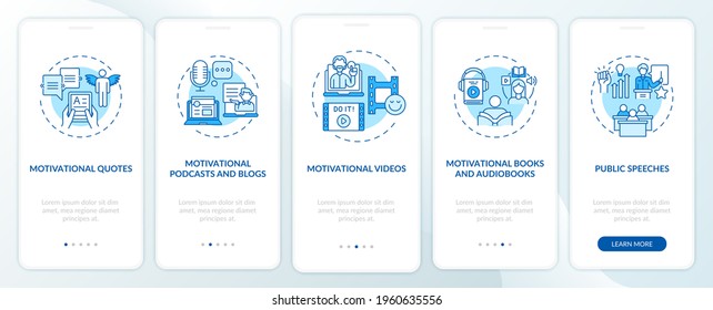 Motivational content sources onboarding mobile app page screen with concepts. Public speeches walkthrough 5 steps graphic instructions. UI vector template with RGB color illustrations