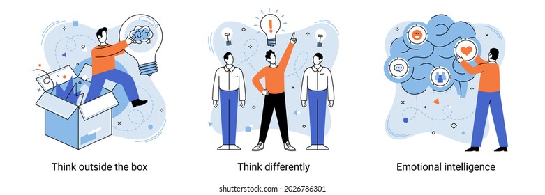 Motivational creative metaphor with quote think outside the box think differently emotional intelligence. Being different, standing out from crowd. Concept of individuality, uniqueness and creativity