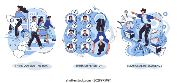 Motivational creative metaphor with quote think outside the box think differently emotional intelligence. Being different, standing out from crowd. Concept of individuality, uniqueness and creativity