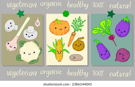 Motivational cute poster  decorated with kawaii vegetables, berries, greens and fruits. Flat vector illustration of vegetarian placard or card 