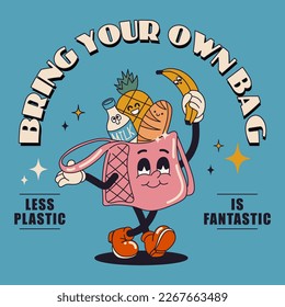 Motivational eco Bring your own bag, less plastic, print design template with walking cute groovy bag cartoon character and lettering composition for t-shirt print or poster. Vector illustration