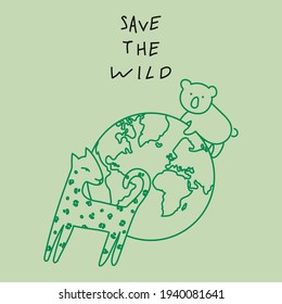 Motivational Eco poster for Earth Day with lettering Save The Wild, hand drawn illustration in modern, trendy colors.