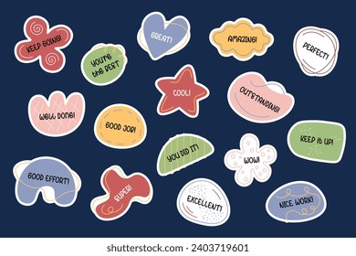 Motivational and encouraging stickers pack. Good job, great, well done, excellent. School reward labels, encouragement signs. Educational stickers, inspirational phrases for personal planner. Vector