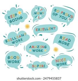 Motivational and encouraging stickers pack. School and work reward labels, encouragement signs. Educational stickers, inspirational phrases for personal planner. Vector