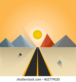 Motivational flat landscape illustration. Direct route heading to the sunset on the horizon. Long shadow retro noise effect. Vector illustration for your web design header or advertising project.