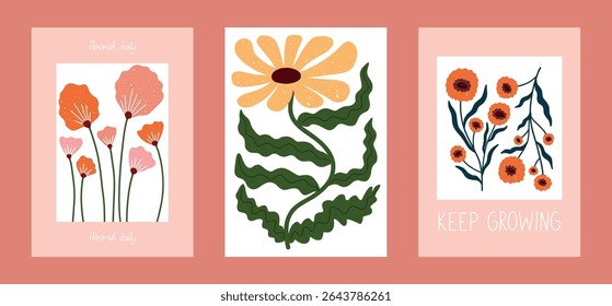 motivational floral art print set with hand drawn flowers and growth quotes like keep growing and flourish daily for modern wall decor, nursery and wellness space