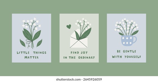 Motivational Floral Posters set. Lily of the Valley Flowers and Leaves with Inspirational phrases and quotes. Hand drawn minimalist vintage design in pastel colors. Vector illustration