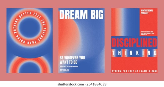 Motivationelle Farbverlauf-Poster-Design-Set. Moderne abstrakte Inspiration Poster-Template-Set. Rot-blaues Farbverlauf-Design. Set von modernen Vektorposter-Vorlagen, lebhaftes rotes blaues Farbverlauf-Design