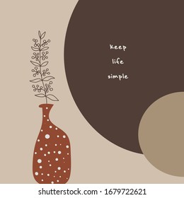Motivational greeting card, lineart illustration. Vase and flowers, abstract background