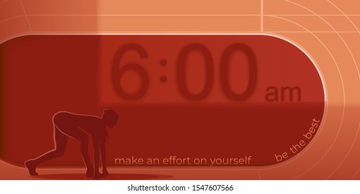 Motivational illustration on the theme of a person’s effort over herself. Make an effort to achieve a goal. Sports theme. Girl in starting position for a morning run.  
