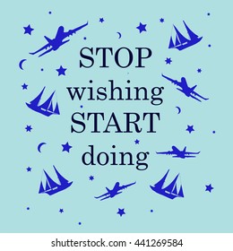 Motivational image about travel and long journey, vector illustration, picture with outline icons and text, motivation concept