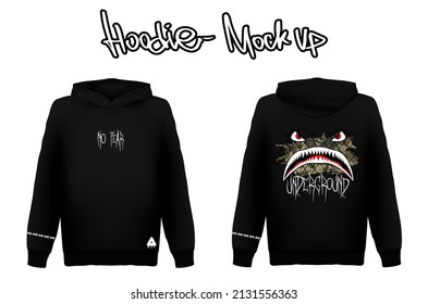 Motivationelle Inschrift und Haibomber entwerfen auf Hoodie. Stilvolles T-Shirt und angesagtes Straßendesign. Das Vorlagendesign. Hoodie oder T-Shirt mit Schrift und Kunst aufziehen. Vektordruck