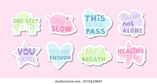 Motivational and inspirational mental health lettering stickers. Support, well-being and good enough lifestyle. Vector flat illustration set.