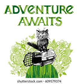 Motivational and inspirational quote - Adventure awaits. Color calligraphic hand drawn poster. Vector.
